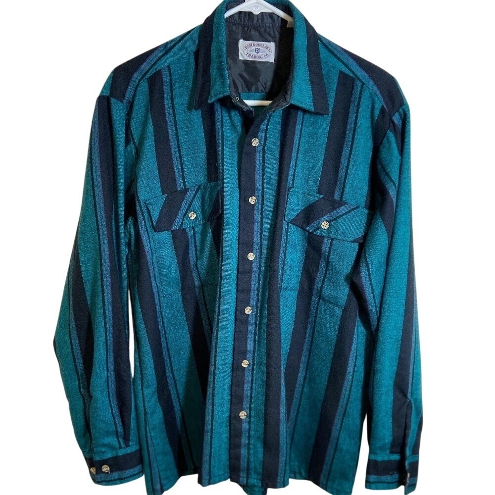 Don Douglass Trading Co Mens Teal Black Striped Button Down Shirt Size M Vintage